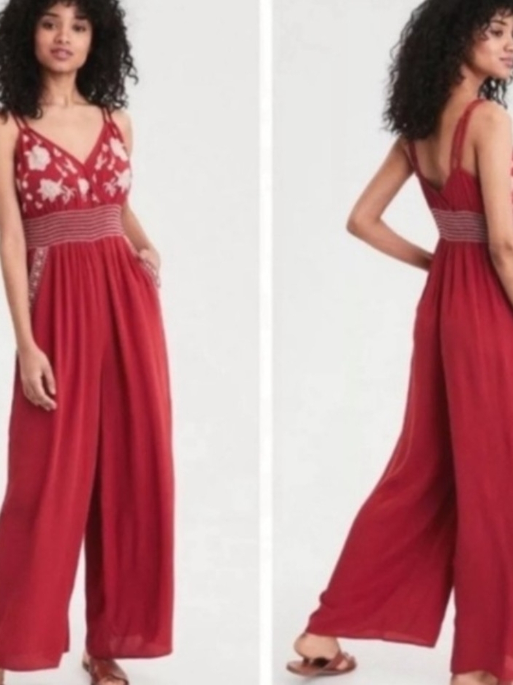 American Eagle Outfitters Red Embroidered Wide-Leg Jumpsuit